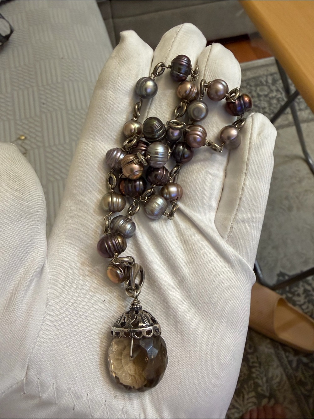 925 Sterling Silver Baroque Pearl Wire Wrapped Necklace Smoky Quartz Pendant